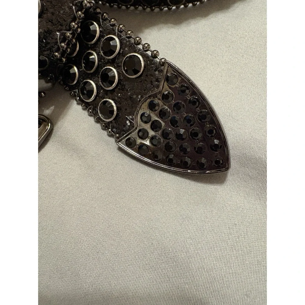 Black Silver Studded Rhinestone Bling Women's Belt with Metallic Buckle